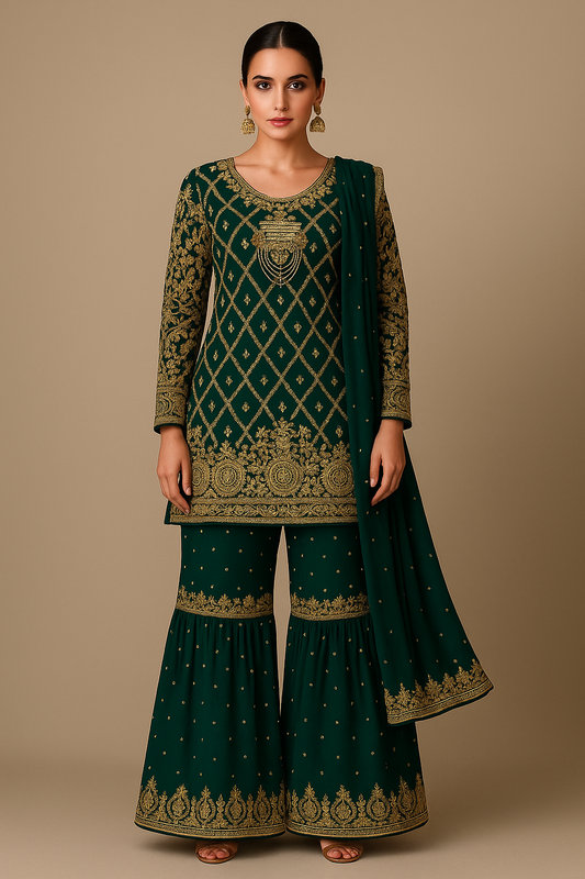 Alquiler Sharara Verde Esmeralda con Bordado Dorado