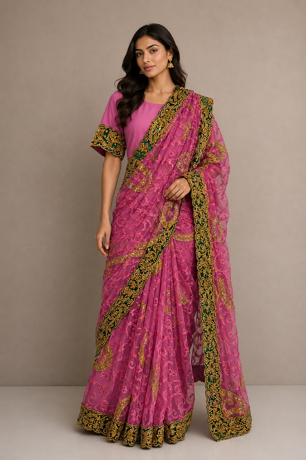 Alquiler Saree Salmon con detalles verde