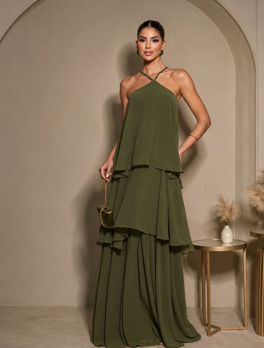 VESTIDO TIRAS EN V VERDE OLIVO