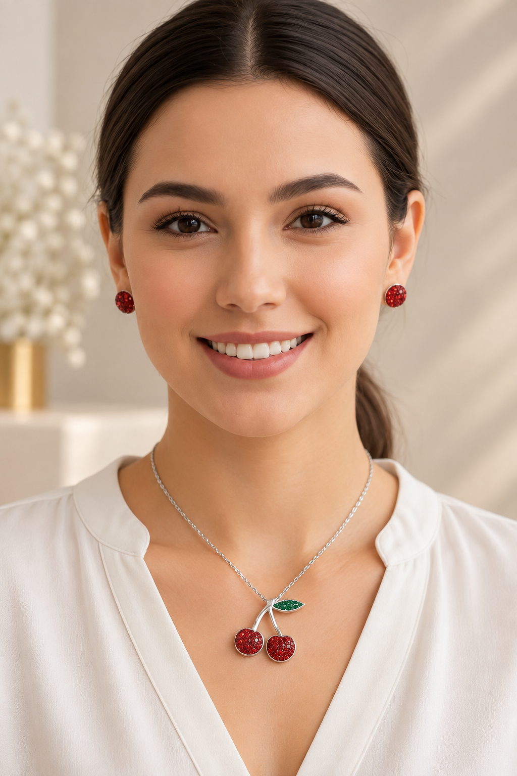 Juego de collar con aretes de plata 925 dije cereza grande con cristales