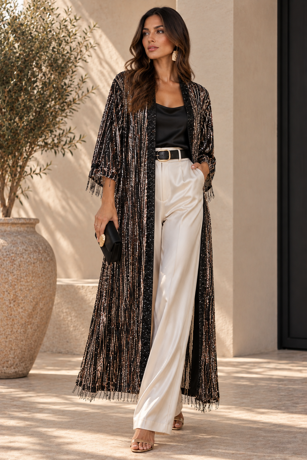 Kimono de lentejuelas negras largo