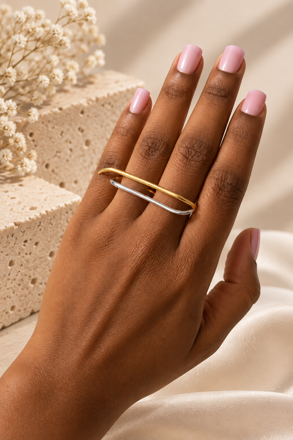 Anillo doble Silver Gold (ajustable) acero y rodio