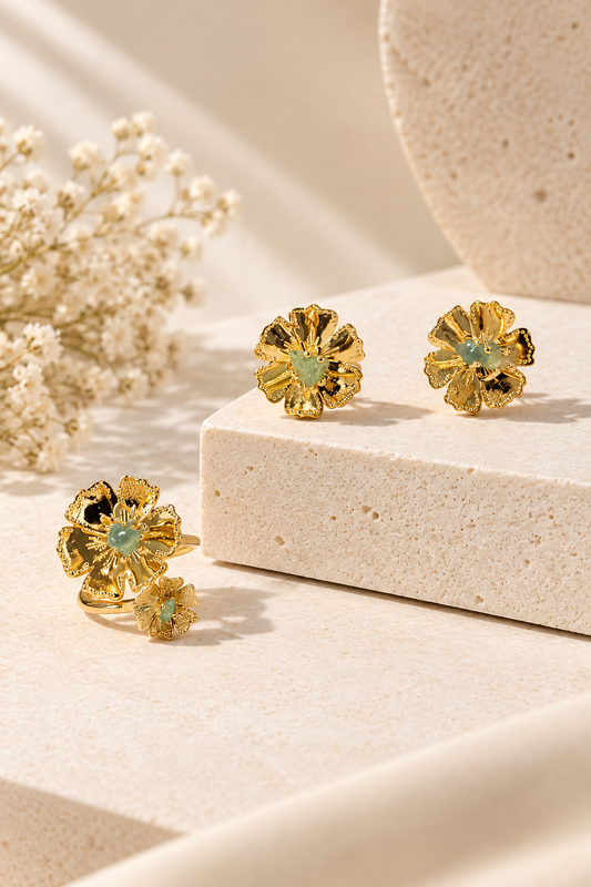 JUEGO DE ARETES Y ANILLO BAÑO DE ORO DE 24K MJ18