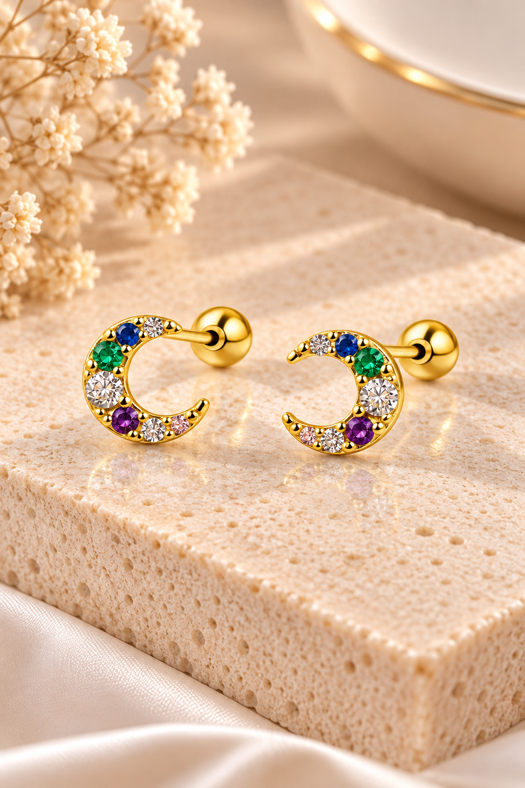 Topitos de Oro 10k luna de circones colores variados - Piercing