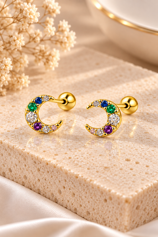 Topitos de Oro 10k luna de circones colores variados - Piercing