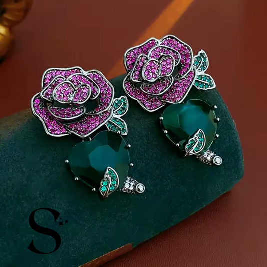 Aretes Fushia con Verde plata 925