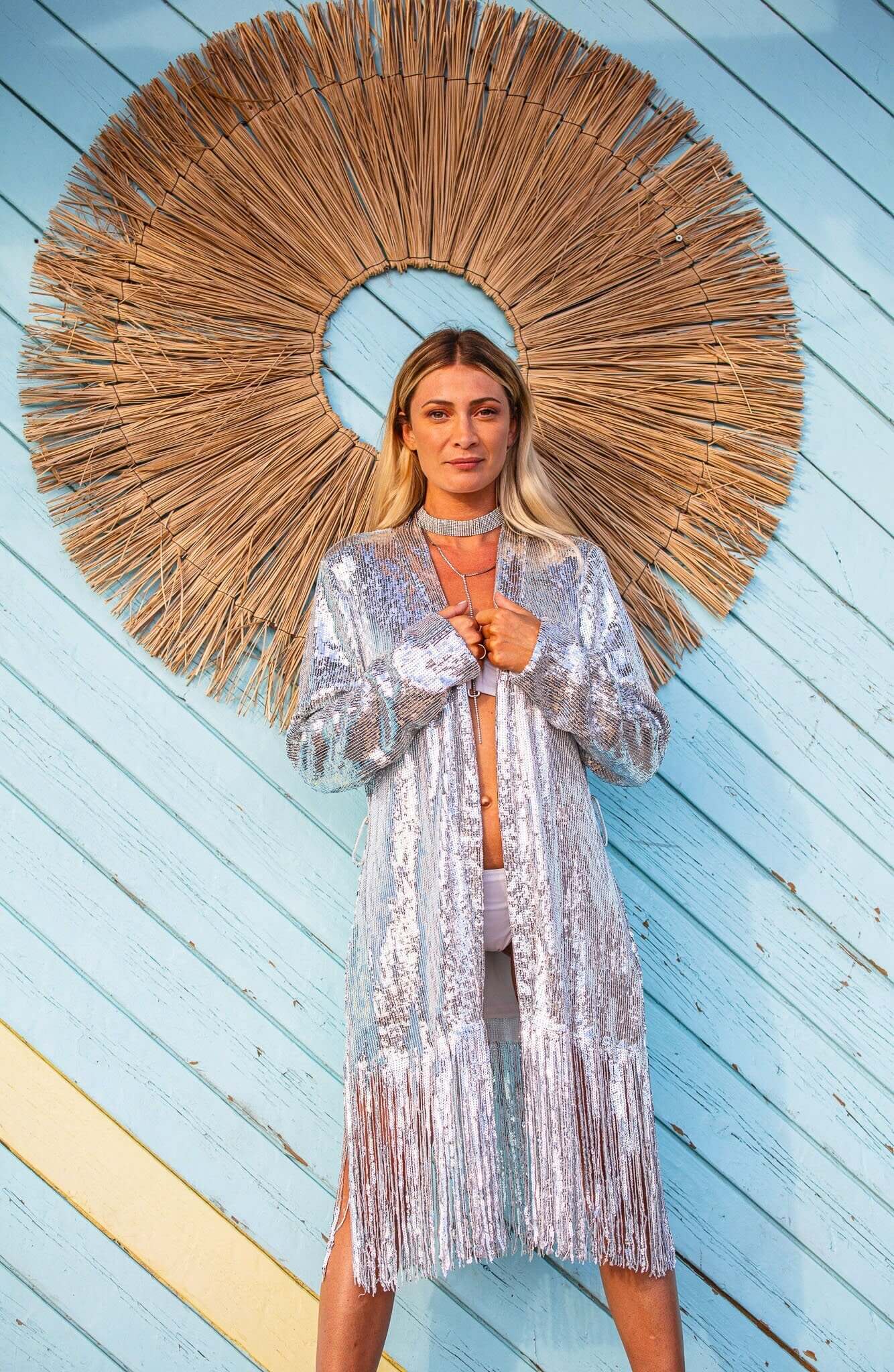 Kimono de lentejuelas plateadas con flecos, brillante - chaqueta burningman con ojo griego Boho EDF