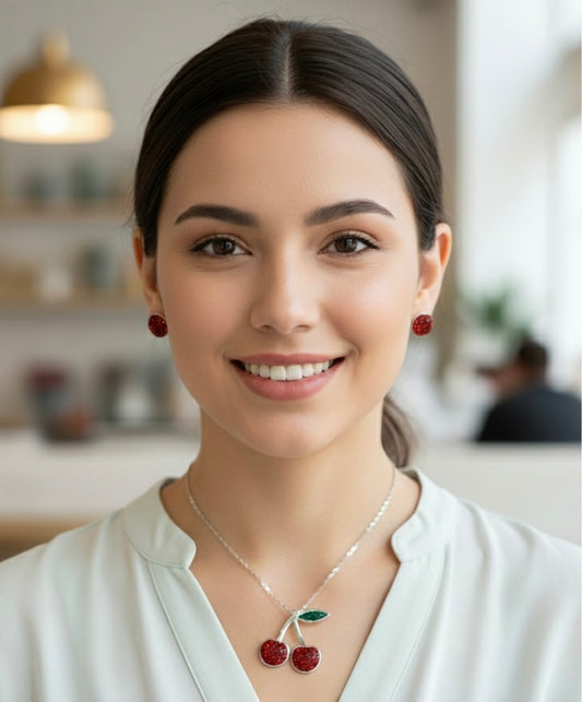 Juego de collar con aretes de plata 925 dije cereza grande con cristales