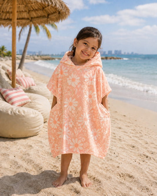 Poncho Microfibra (2-7 años) Flores Peach