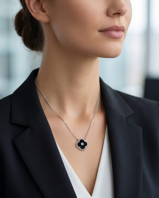 Collar de trébol negro plata 925 MJ207