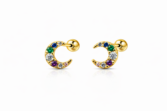Topitos de Oro 10k luna de circones colores variados - Piercing