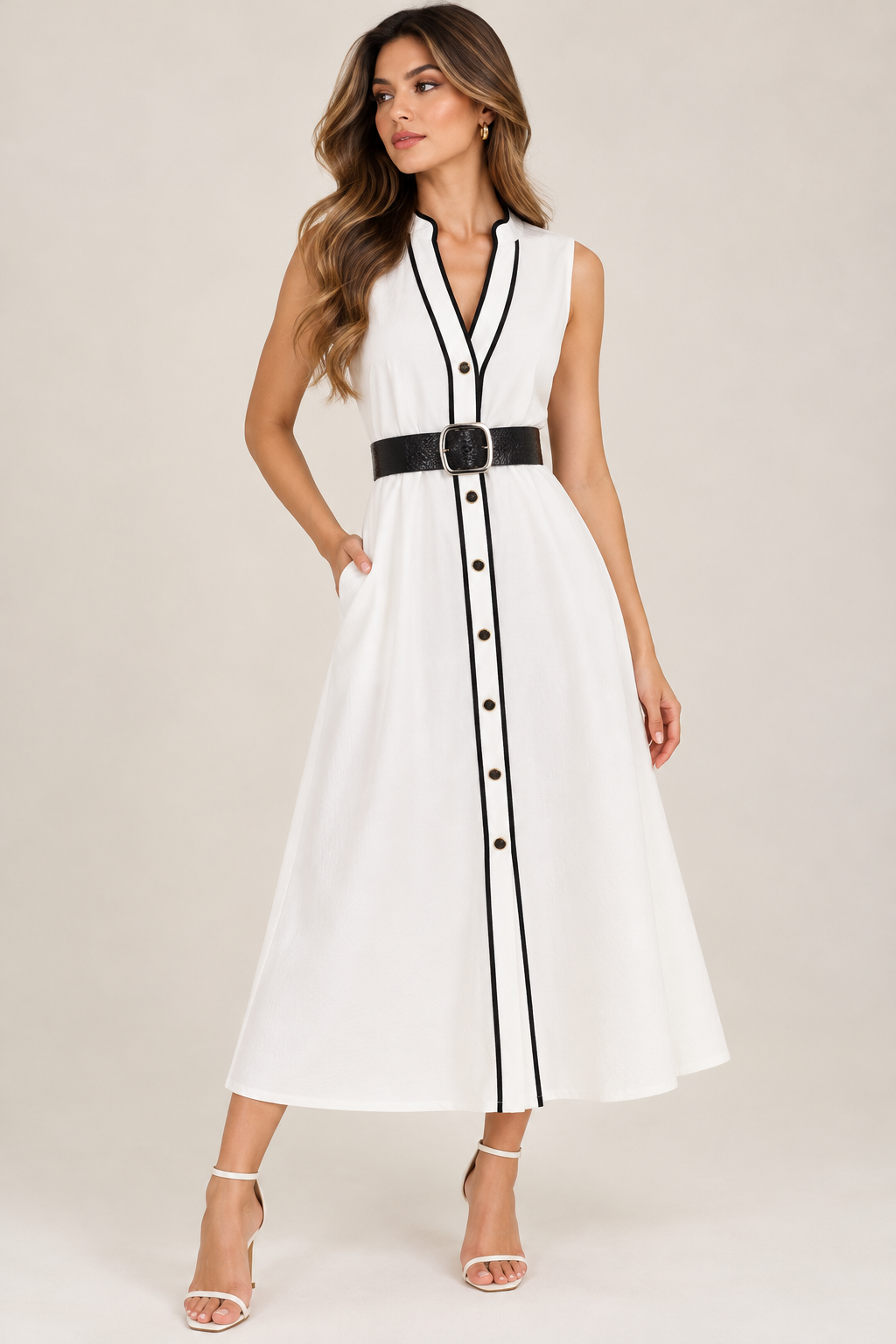 Vestido midi blanco con negro