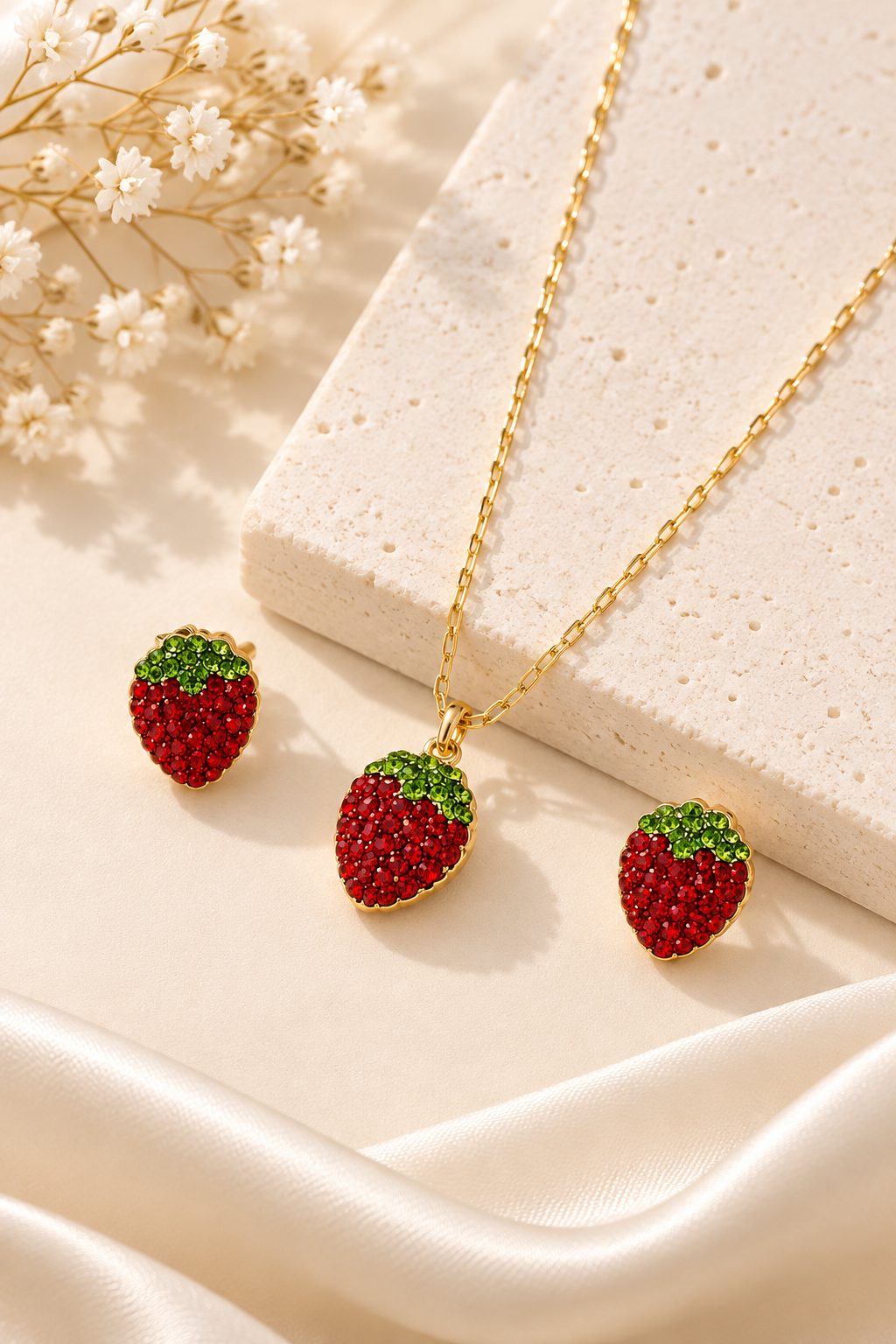 Juego de collar y aretes de plata 925 fresa mediana con cristales