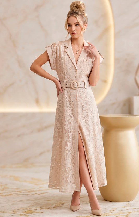 Maxi vestido con transparencia Flores Beige