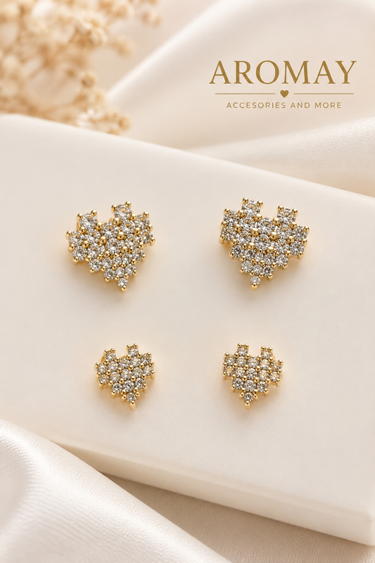 Duo aretes de corazón acero y rodio con baño de oro