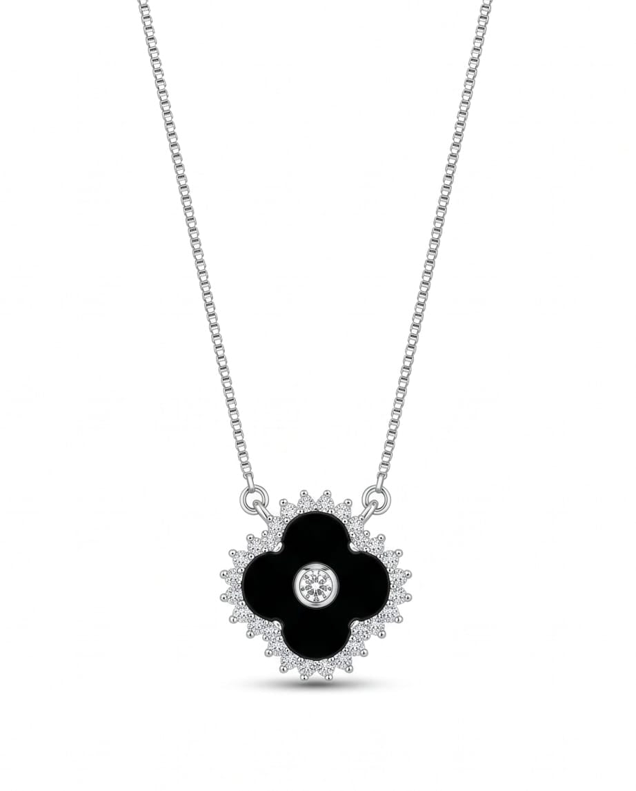 Collar de trébol negro plata 925 MJ207