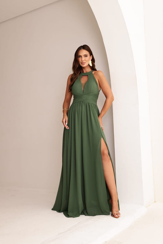 VESTIDO CUELLO V VERDE OLIVA