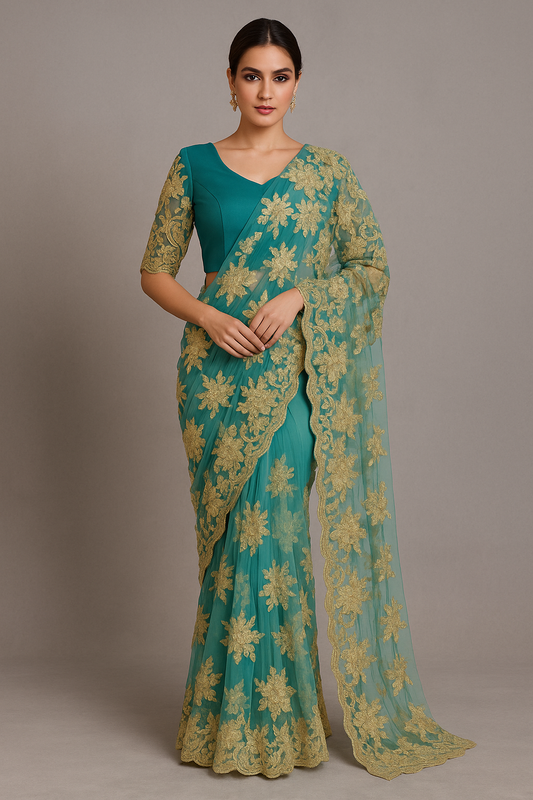 Alquiler Saree Verde Esmeralda con Bordado Dorado