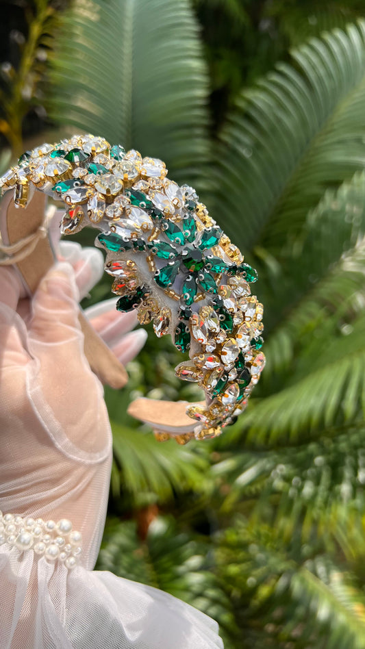 Diadema brillante verde con plateado y apliques dorado 02506