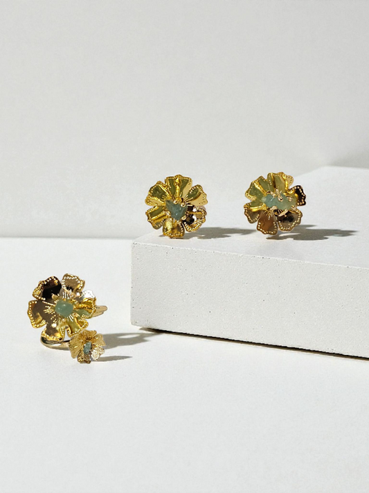 JUEGO DE ARETES Y ANILLO BAÑO DE ORO DE 24K MJ18