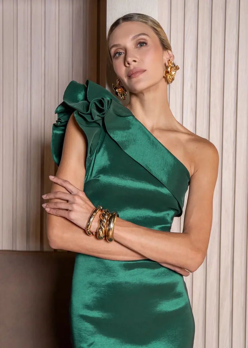 Vestido Verde Corte Sirena One shoulder