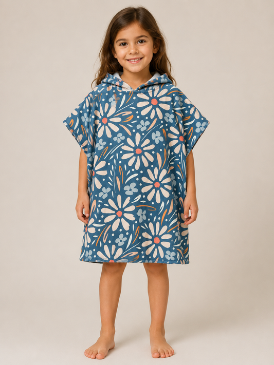 Poncho Microfibra (2-7 años) Flores Azules