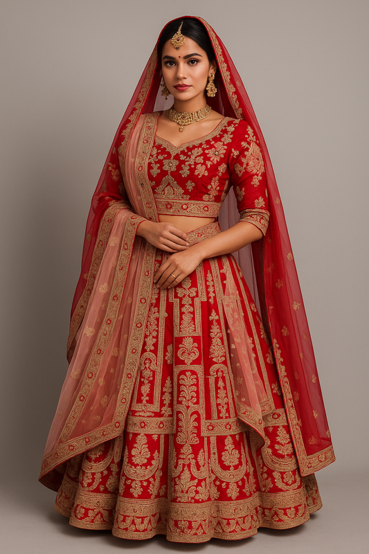 Alquiler Lehenga de Novia Rojo con Bordado Dorado