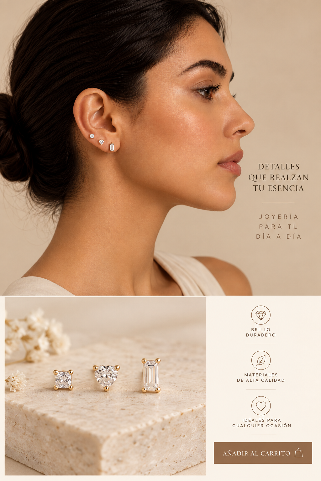 Trio aretes puntos de luz acero y rodio baño de oro