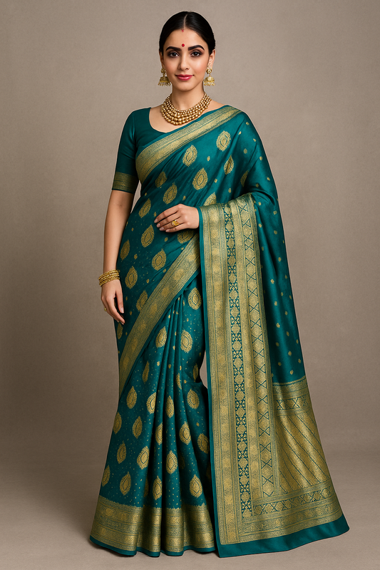 Alquiler Saree Banarasi Verde Esmeralda con Bordado Dorado