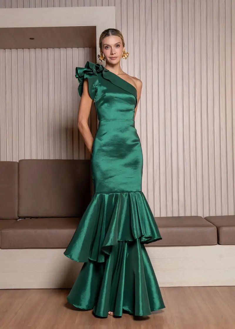 Vestido Verde Corte Sirena One shoulder