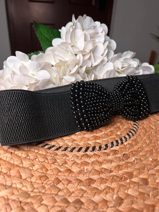Cinturón Elástico negro con perlas en forma de lazo 02737