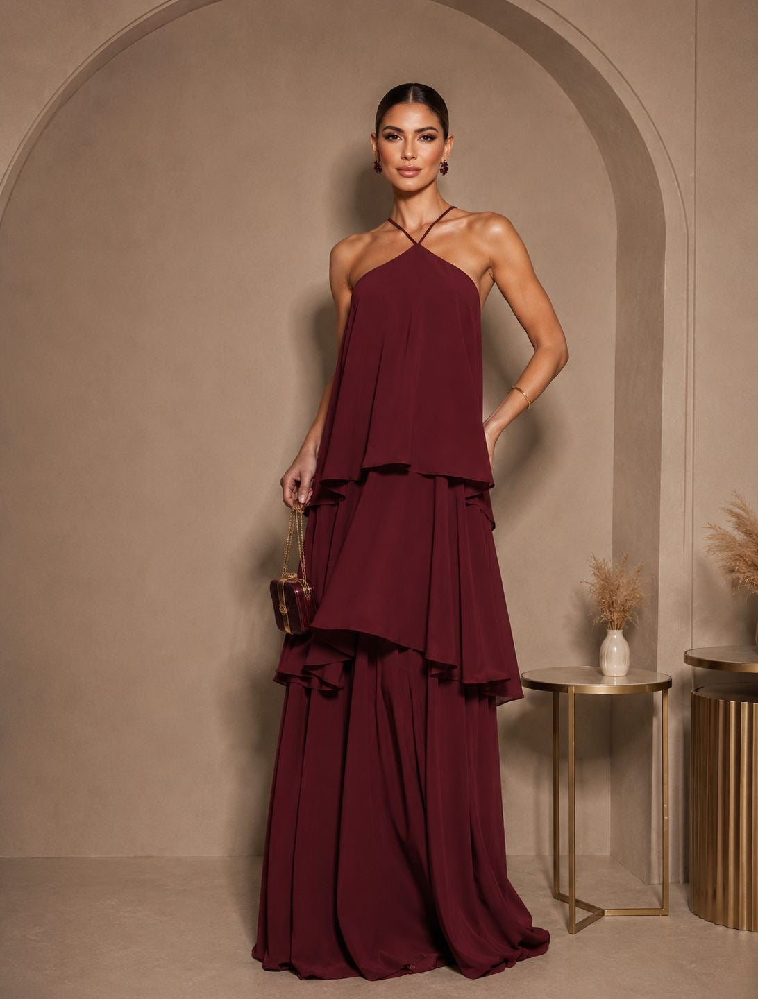 VESTIDO TIRAS EN V ROJO VINO