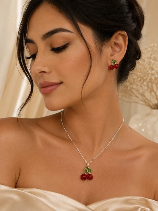 Juego de collar con aretes de plata 925 de cerezas medianas con cristales