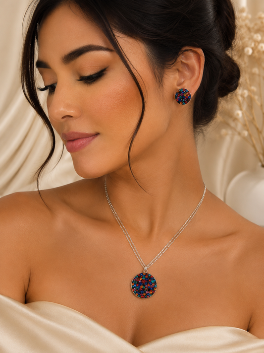 Juego de collar y aretes de plata 925 círculo con cristales de colores