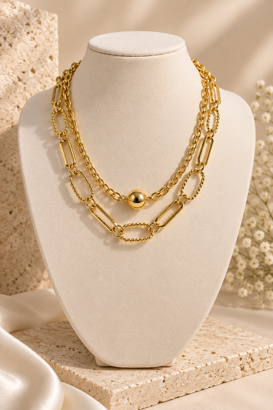 Collar doble en acero y rodio con baño de oro