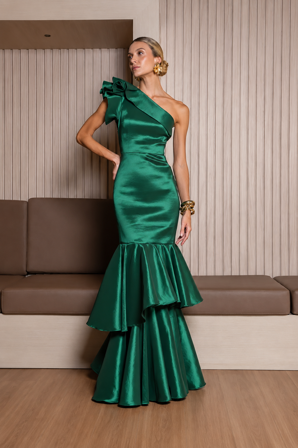 Vestido Verde Corte Sirena One shoulder