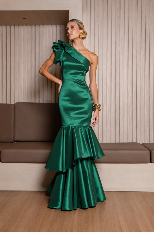 Vestido Verde Corte Sirena One shoulder
