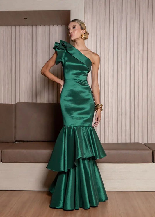 Vestido Verde Corte Sirena One shoulder