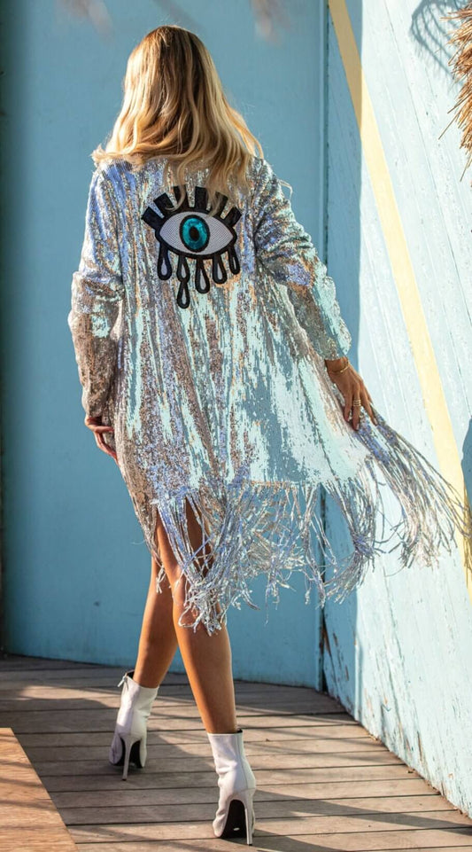 Kimono de lentejuelas plateadas con flecos, brillante - chaqueta burningman con ojo griego Boho EDF