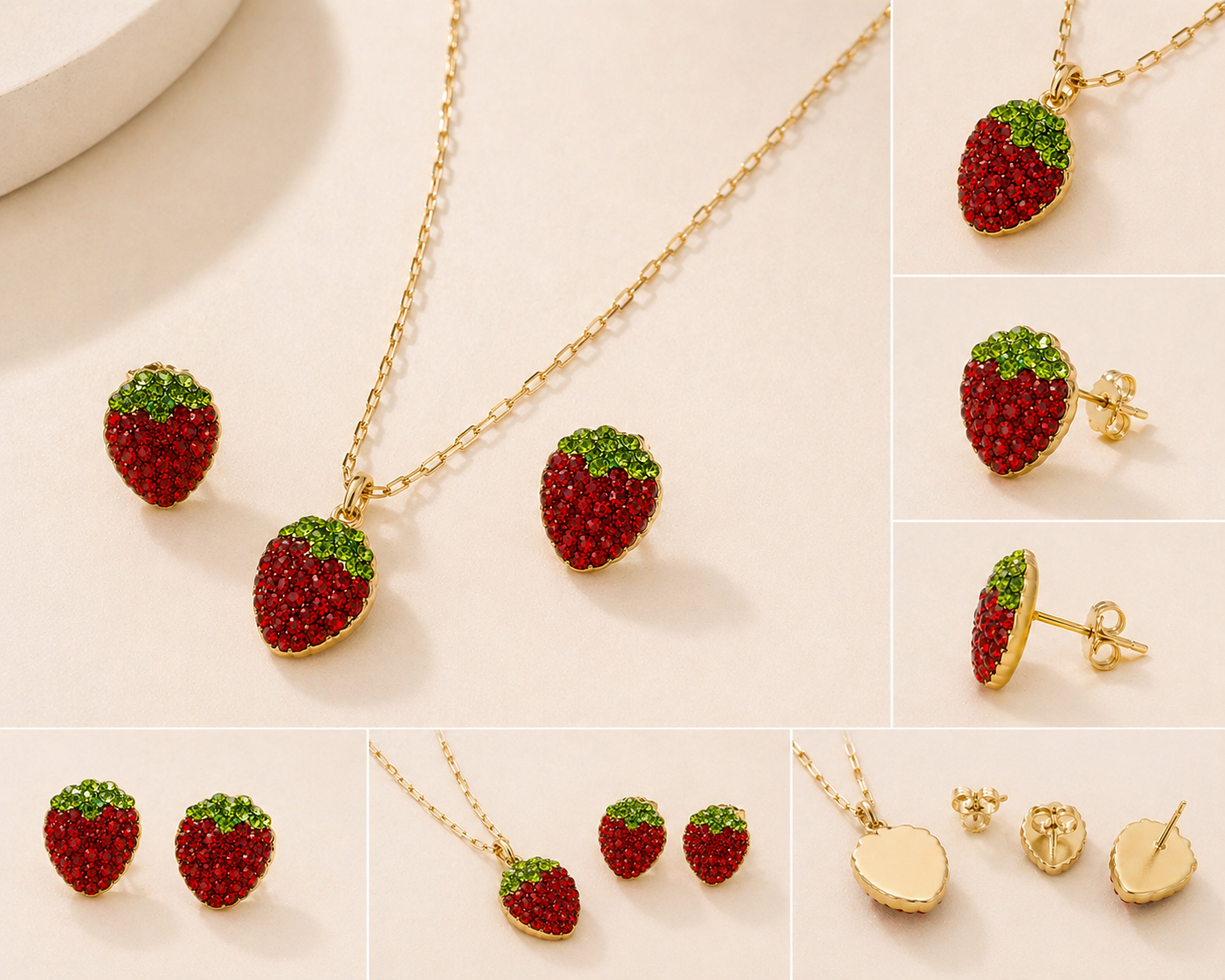 Juego de collar y aretes de plata 925 fresa mediana con cristales