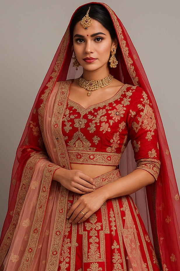 Alquiler Lehenga de Novia Rojo con Bordado Dorado