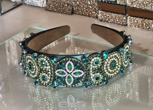Diadema vintage verde con zircones y réplica de diamantes
