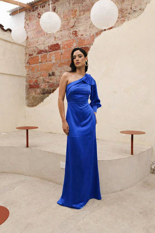Vestido Satinado azul con lazo