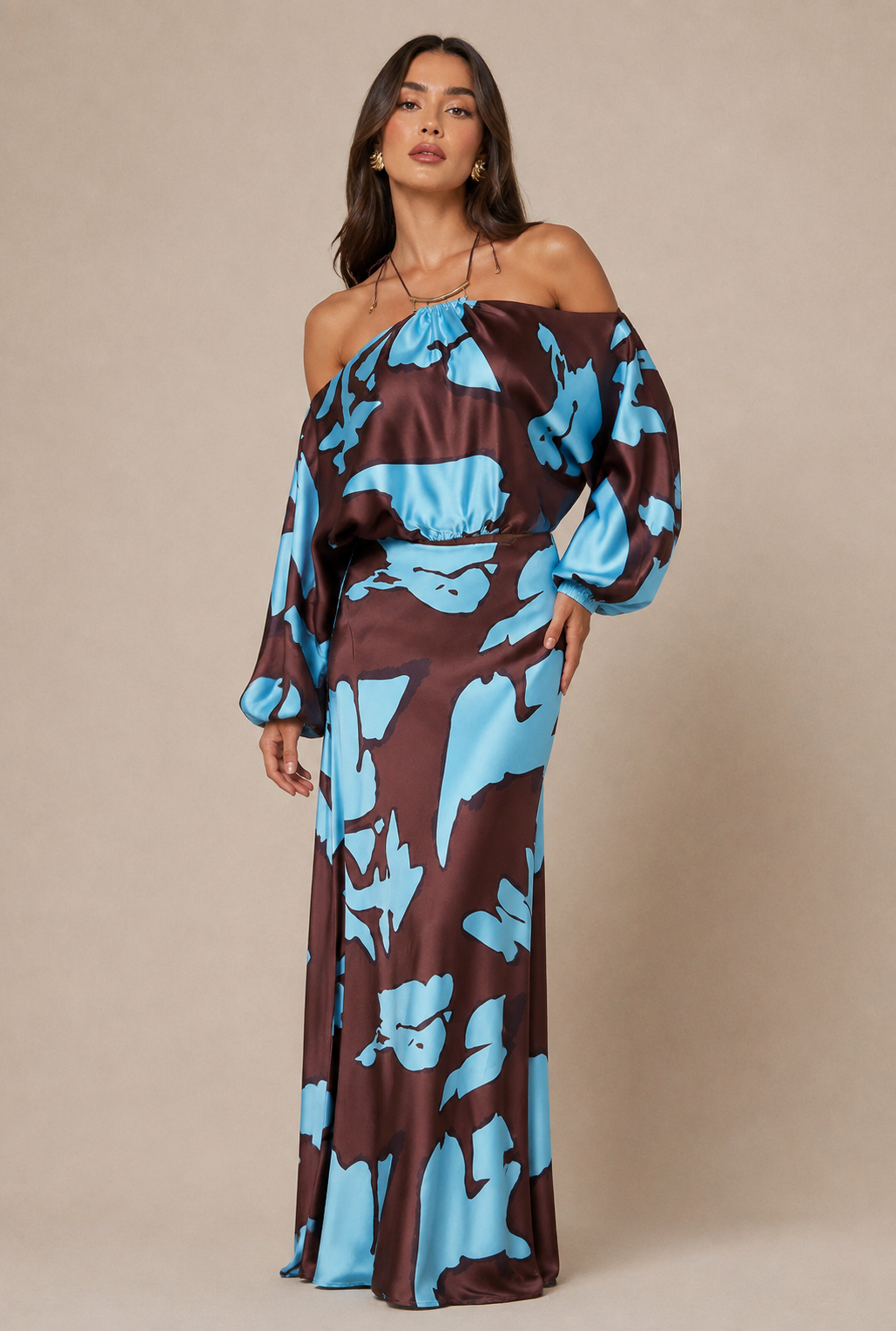 Vikki Satin Maxi Dress - Brown/combo