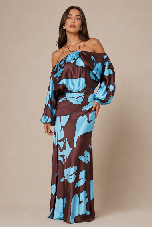 Vikki Satin Maxi Dress - Brown/combo