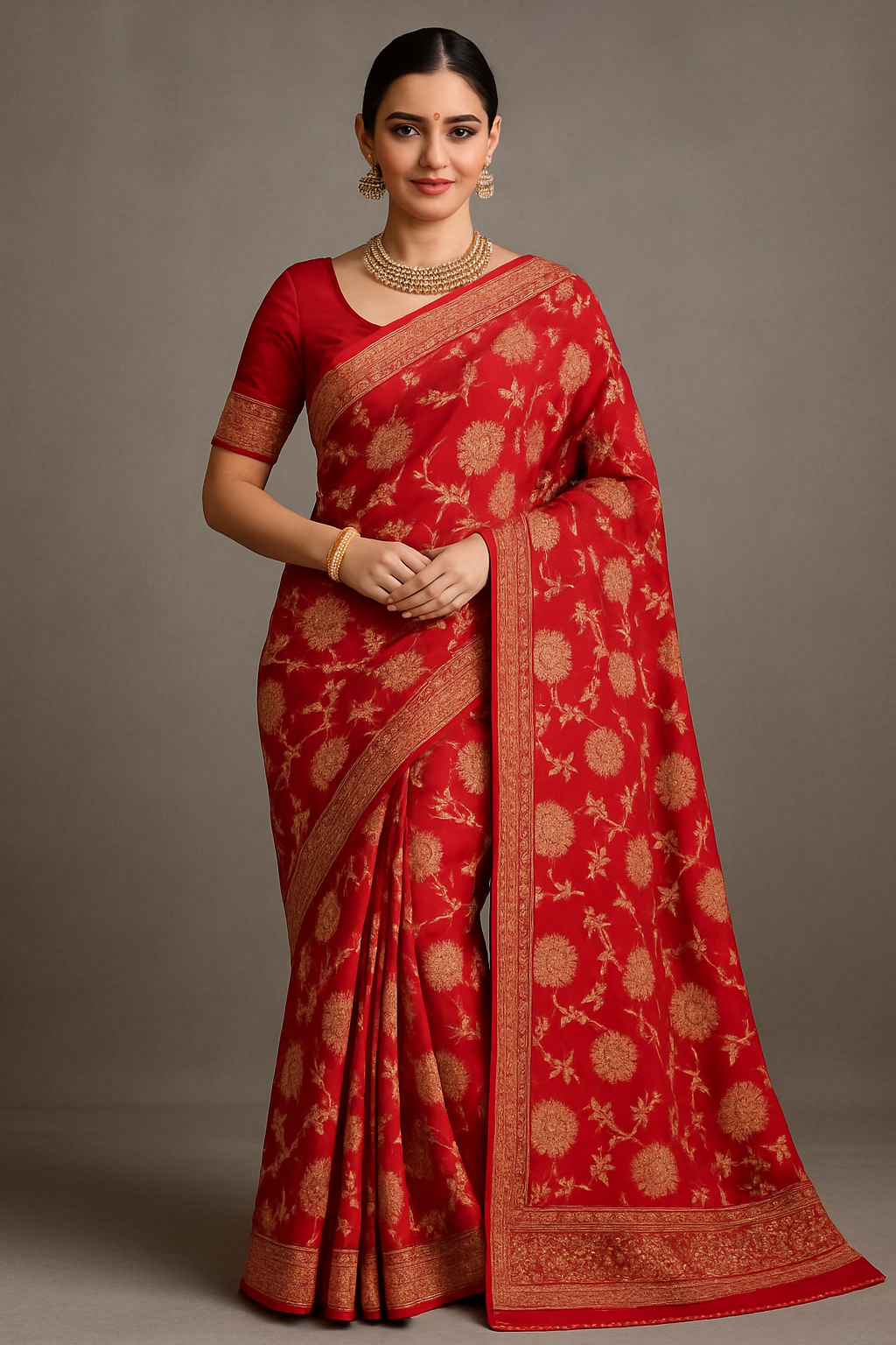 Alquiler Saree Banarasi Rojo con Bordado Dorado