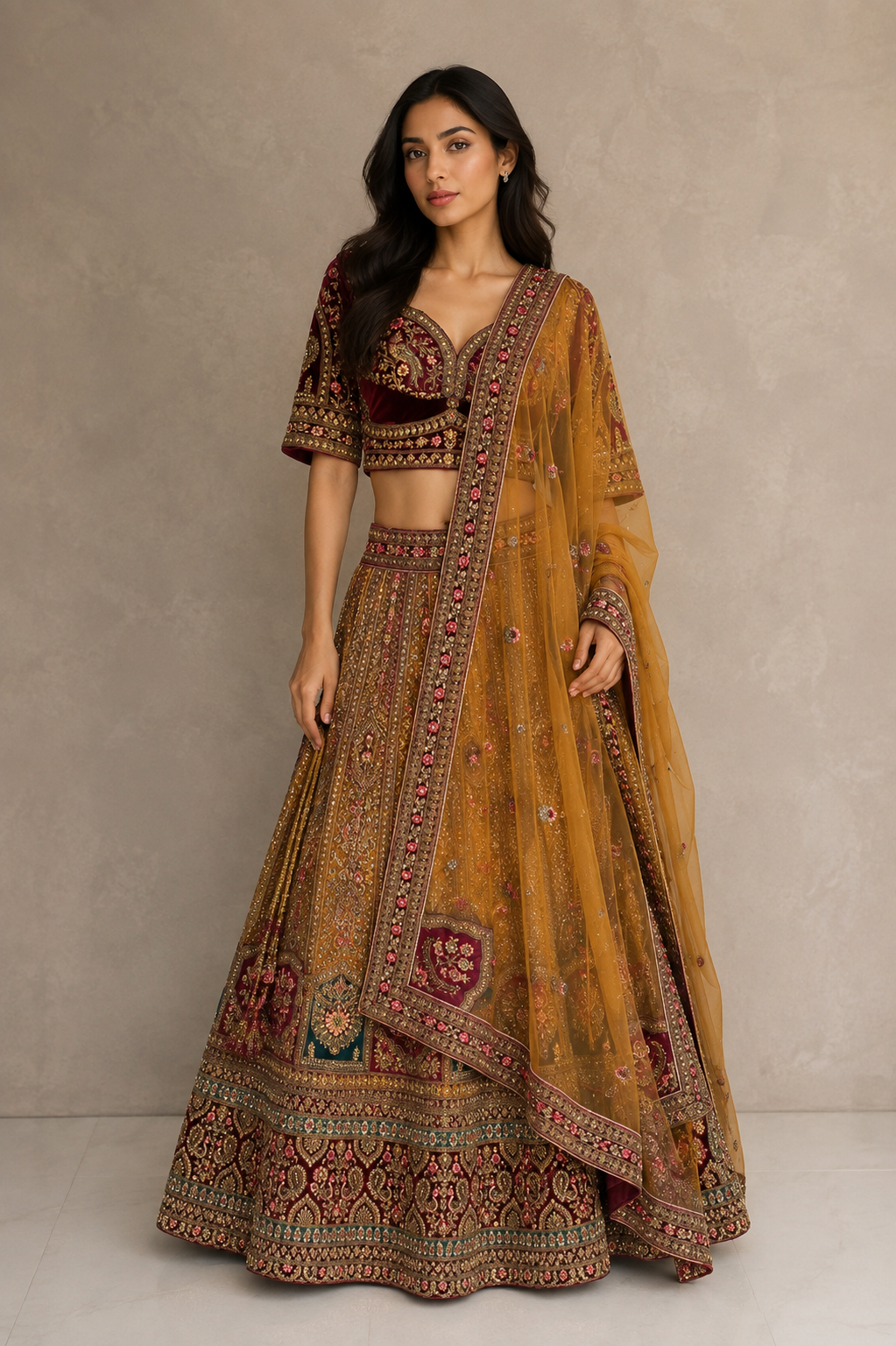 Alquiler Lehenga de Novia Mostaza y rojo vino