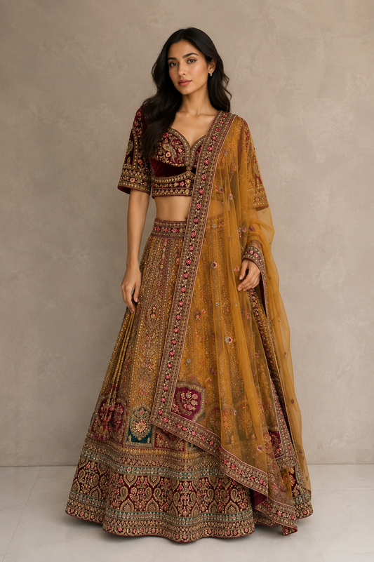 Alquiler Lehenga de Novia Mostaza y rojo vino