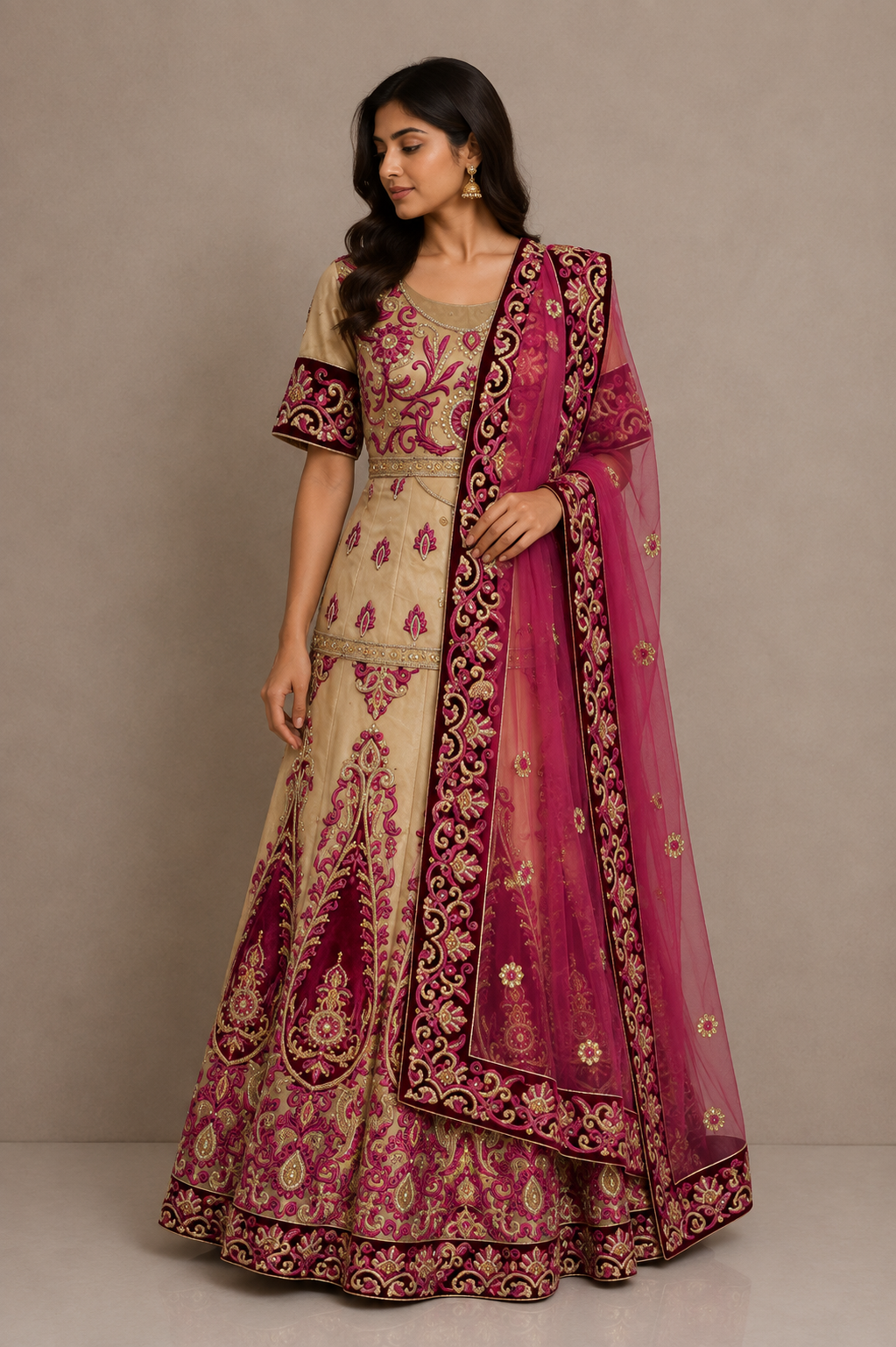 Alquiler Lehenga Dorado con Fucsia