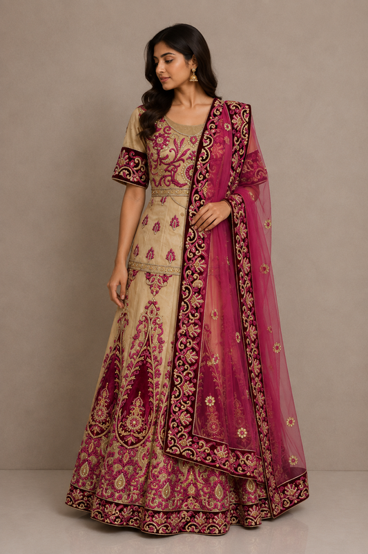 Alquiler Lehenga Dorado con Fucsia
